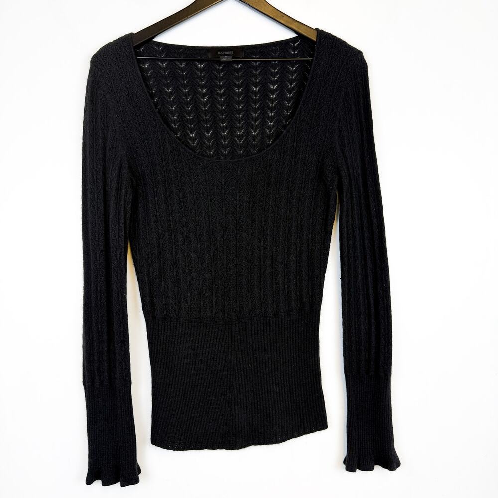 Express Lambs Wool Rabbit Hair Y2K Scoop Neck Knit Sweater Black - M